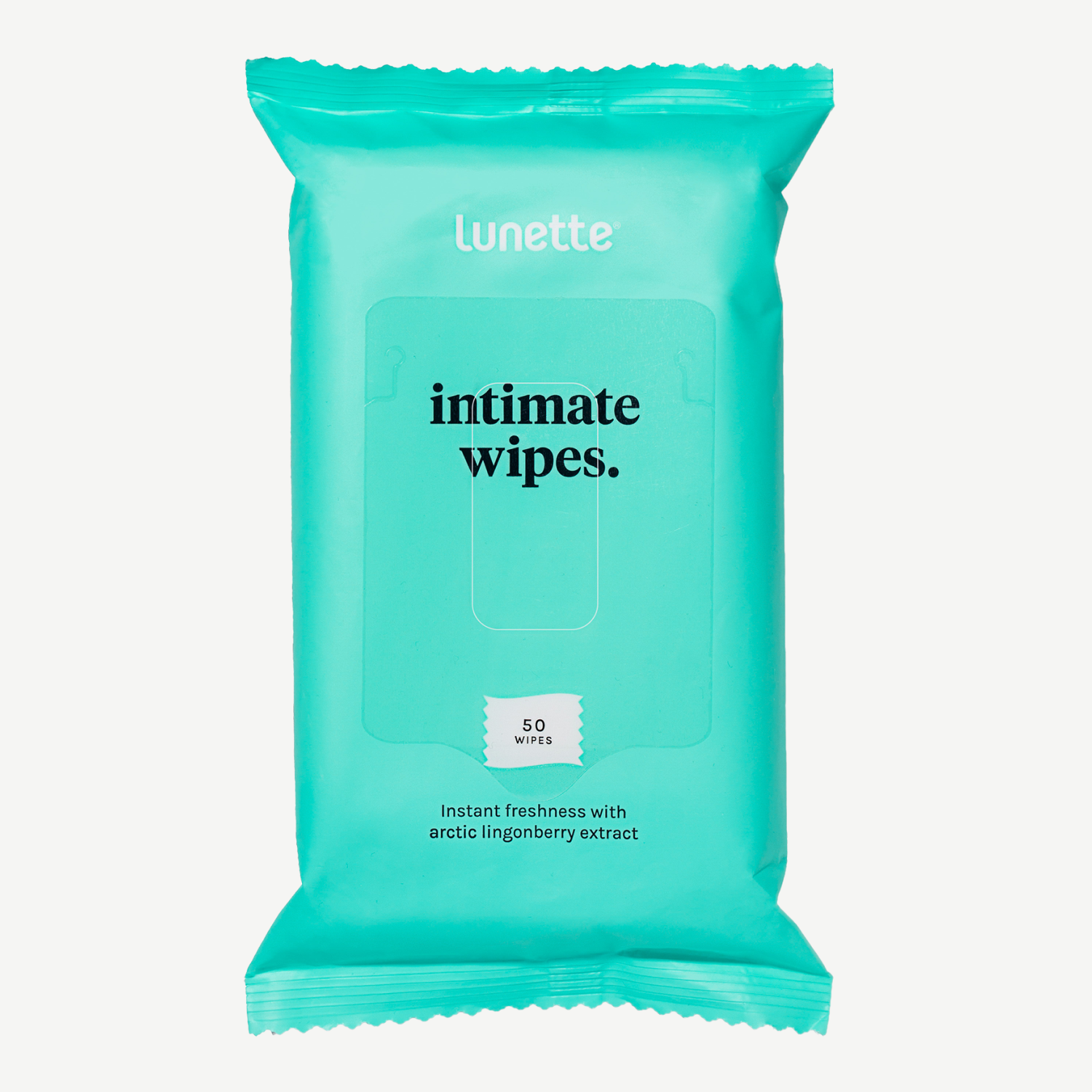 A pack of Lunette Intimate Wipes with 50 cleaning wipes with Arctic Lingonberry extract.
