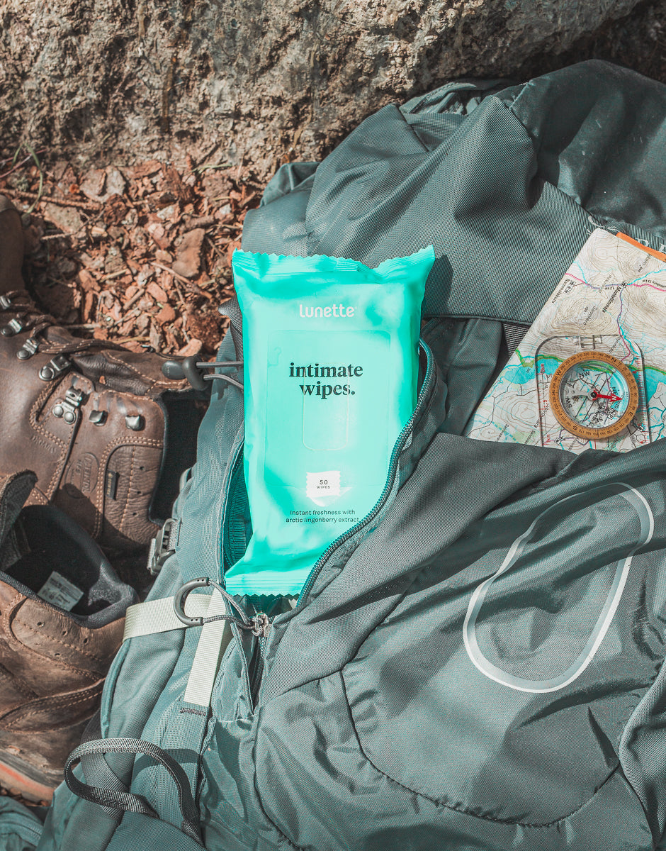 A pack of Lunette Intimate Wipes with 50 cleaning wipes with Arctic Lingonberry extract. Travel size.